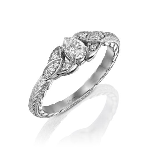 טבעת אירוסין 3 עלים לבן עם יהלום טיפה