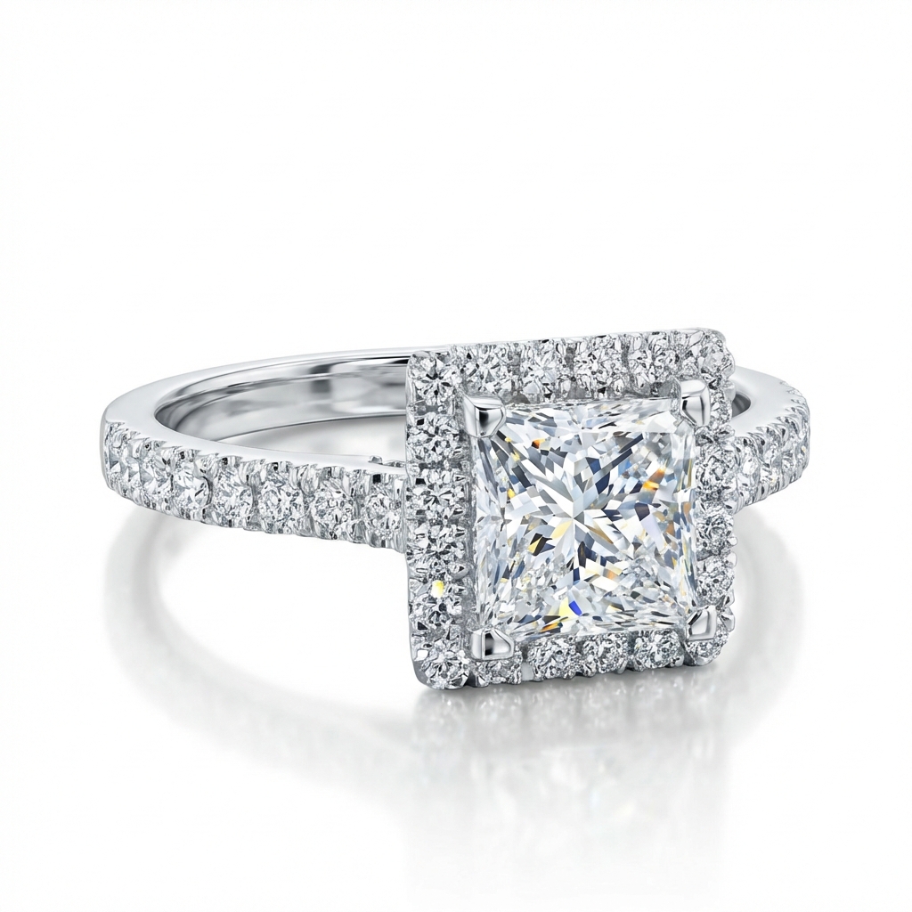 טבעת אירוסין יהלום 1 קראט פרינסס מעבדה יהלומי צד זהב לבן 14 קראט