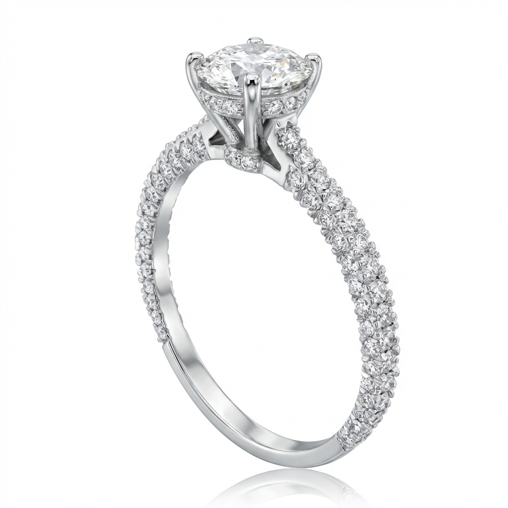 טבעת אירוסין יהלום 1 קראט Gia יהלומי צד 3 שורות זהב לבן 14 קראט