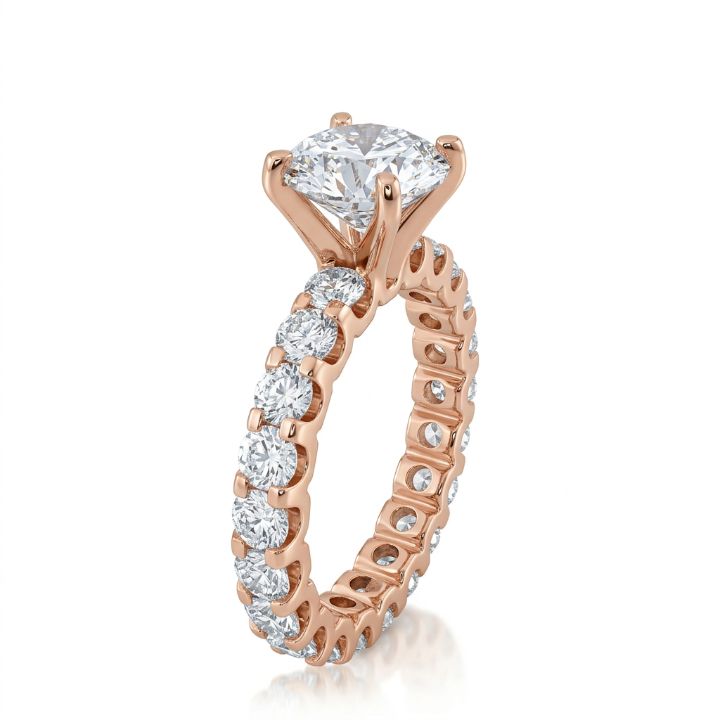 טבעת אירוסין יוקרתית זהב אדום 14 קראט יהלום מעבדה 2 קראט ושיבוץ יהלומים מלא