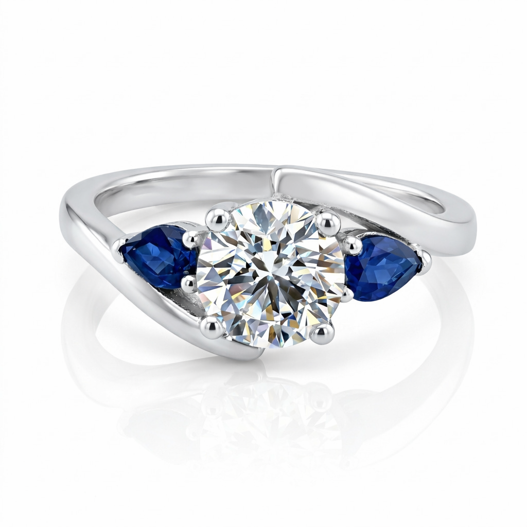 טבעת אירוסין יהלום עגול מעבדה ספיר כחולות מעבדה טיפות זהב לבן 14 קראט